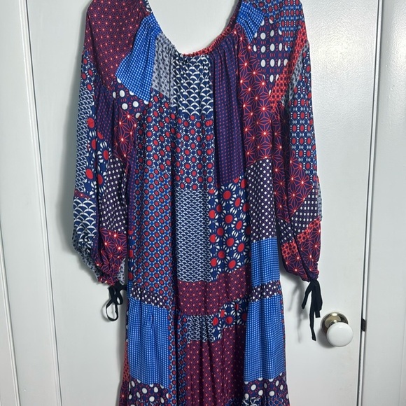 Smarteez Italy 100% Silk Patchwork Off Shoulder Red White and Blue Midi Dress 2 - Picture 2 of 11